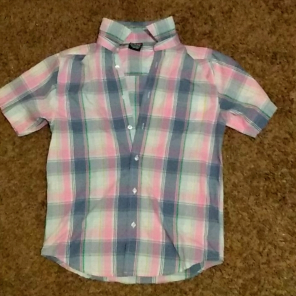 This is a blue and pink plaid button up shirt